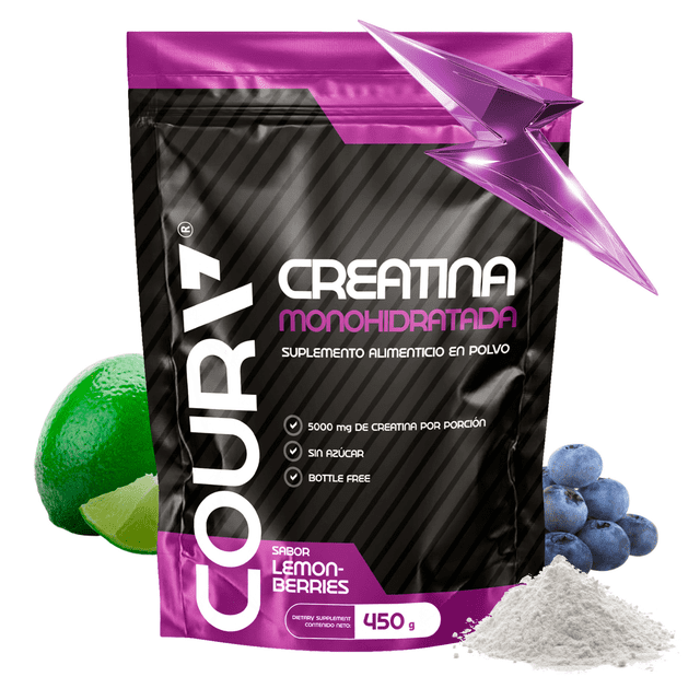 suplemento alimenticio en polvo coura creatina monohidratada fuerza y resistencia sin azúcar 450 g bolsa frontal centrada con diseño negro y morado; texto visible 'CREATINA MONOHIDRATADA' y marca COURA. Empaque doy-pack resellable, patrón diagonal y base morada; porción de polvo blanco frente a ilustraciones de limón-lima y arándanos que indican sabor lemon-berries. Etiqueta muestra 450 g (≈90 porciones de 5 g) y 'sin azúcar'. Suele mezclarse con 250–300 ml de agua antes o después del entrenamiento; también apta para preparar porciones para viaje.