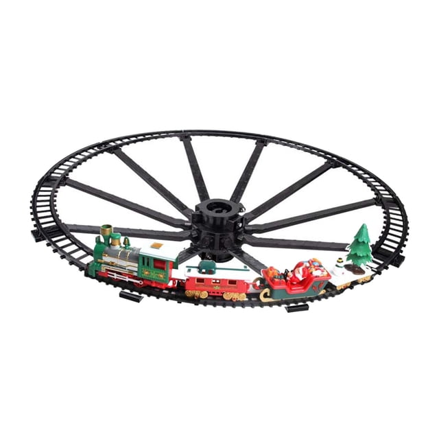 juego de tren electrico navideño cuticat tren electrico para decoración de árbol de navidad Set multicolor con locomotora y vagones en vista 3/4 sobre pista circular negra de 86 cm; tren de 16.5 x 8.5 x 5 cm con carroza de Papá Noel y árbol, diseño pintado, sonido y luz realistas, montaje DIY para aumentar la participación de niños (no apto para bebés).