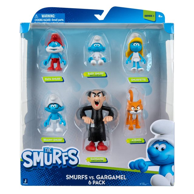 paquete múltiple de figuras los pitufos gargamel vs smurfs con 6 figuras caja frontal con seis figuras articuladas: Papá Pitufo (2"), Bebé Pitufo (2"), Pitufina (2"), Pitufo Inteligente (2"), Gargamel (3") y Azrael (3"); figuras en blíster sobre fondo azul con logo The Smurfs, detalles inspirados en la serie de Nickelodeon, coleccionables y posables; a menudo usadas para display en estanterías de colección.