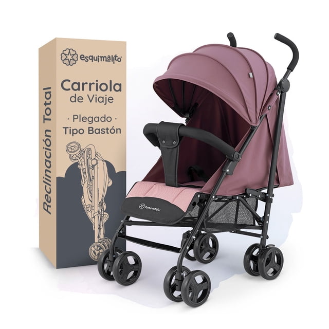 carriola de bastón para bebé esquimal, carreola de viaje, ligera, toldo amplio, reclinación total (lila - rosa) Carriola EasyRoll ESQUIMALITO en lila y rosa, vista tres cuartos desplegada; estructura negra reforzada, asiento acolchado con respaldo reclinable en varias posiciones y toldo amplio removible. Barra delantera acolchada desmontable, arnés de 5 puntos visible, canastilla de malla inferior y ruedas dobles con bloqueo y freno trasero de un toque. Apta para traslados urbanos y viajes cortos.