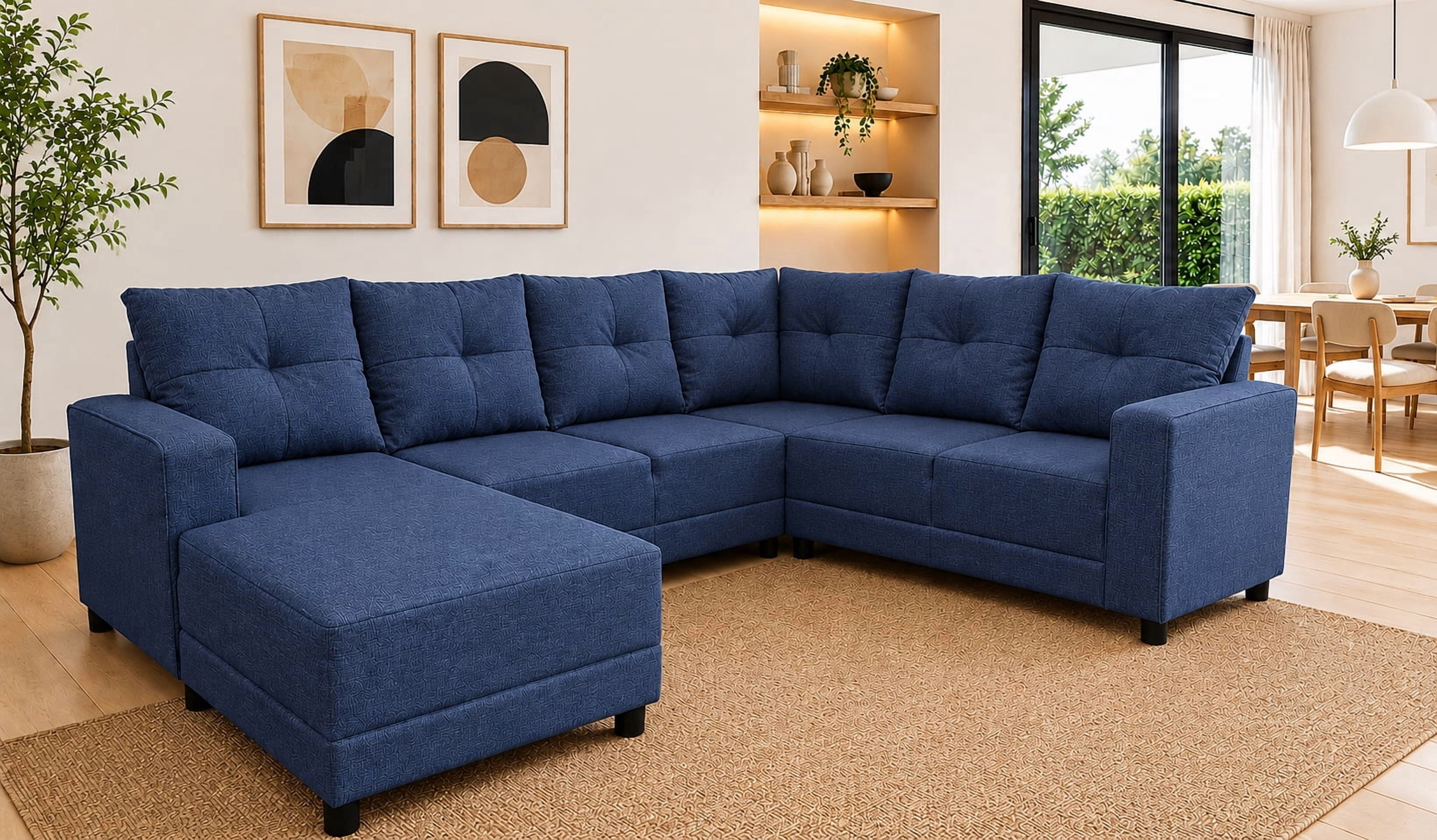 Sala Esquinera en U El Bazar Store Hera Azul marino 160x275x215 cm 4 Salas en 1 Tela Lino nacional Modular Chaise love seat sofa
