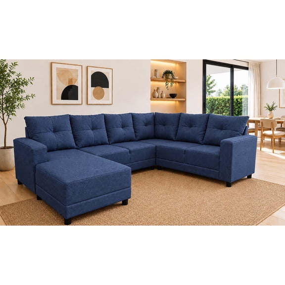 Sala Esquinera en U El Bazar Store Hera Azul marino 160x275x215 cm 4 Salas en 1 Tela Lino nacional Modular Chaise love seat sofa