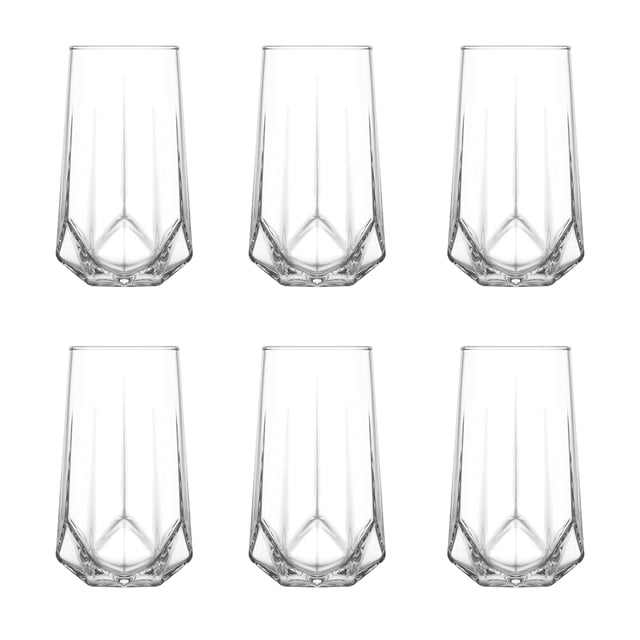 juego 6 vasos dof old fashion lav modernos vidrio 460ml seis vasos DOF transparentes con base facetada geométrica y paredes lisas, vista frontal en dos filas sobre fondo blanco; aptos para whisky y cócteles, a menudo se usan también para servir bebidas frías en mesas de comedor.