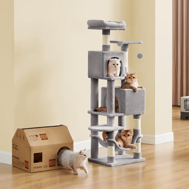 Feandrea Árbol para Gatos de 155 cm de Altura, 49 x 40 x 155 cm, Rascador para Gatos con 5 Postes, Felpa Multicapa, Gris Claro