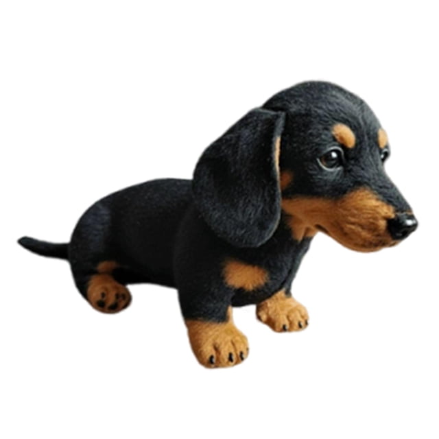 muñeco de peluche de perro salchicha adorable y realista para abrazar, regalo decorativo para niños y adultos. negro — 3/4 frontal de peluche en forma de perro salchicha con felpa negra y manchas café en patas, hocico y cejas; orejas largas colgantes, ojos brillantes y textura de felpa visible; dimensiones aproximadas 7 cm x 22 cm x 12 cm; ideal para hora de dormir o decoración de sofá.