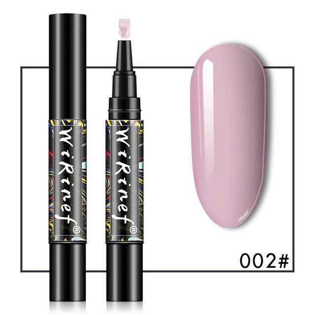 esmalte de uñas en gel transparente para esculpir uñas, esmalte de uñas en gel de color, esmalte de uñas en gel led, rotulador de 5 ml Rotulador Mychoice 5 ml (uno cerrado y otro con punta aplicadora abierta) junto a una muestra de uña ovalada en tono rosa palo marcada 002#. Cuerpo negro con etiqueta decorativa; curado con lámpara UV o LED según especificación. También suele usarse para detalles de nail art y retoques pequeños.