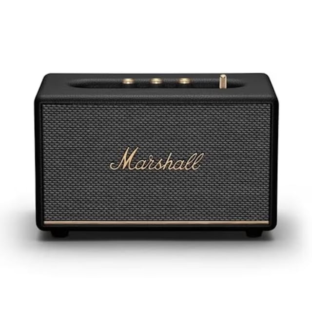 bocina inalámbrica marshall acton iii color negro — Vista frontal centrada de la bocina Marshall Acton III en negro con rejilla texturizada y logo Marshall en dorado; carcasa rectangular compacta con controles físicos y perilla superior visibles, sonido potente y balanceado para uso en salas u oficinas; también suele usarse para mejorar el audio en estaciones de trabajo.