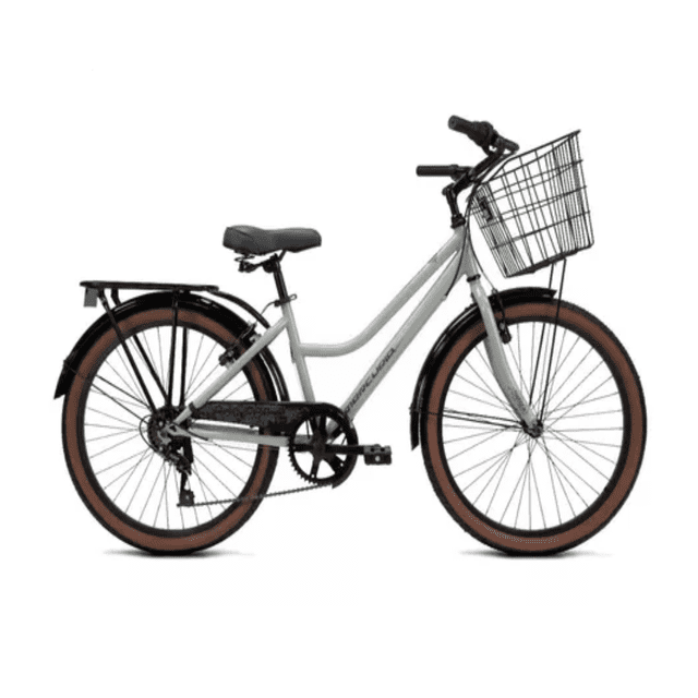 bicicleta mercurio country capressi 6 velocidades rodada 24 gris. Vista lateral derecha de bicicleta urbana con cuadro de acero, 6 velocidades y llantas R24 x 2.10; cubrecadena en policarbonato de color, asiento confort con resortes, salpicaderas y porta bulto trasero; canastilla metálica frontal (37×25×25 cm) y cambio trasero Falcon; adecuada para trayectos urbanos y pequeñas compras.