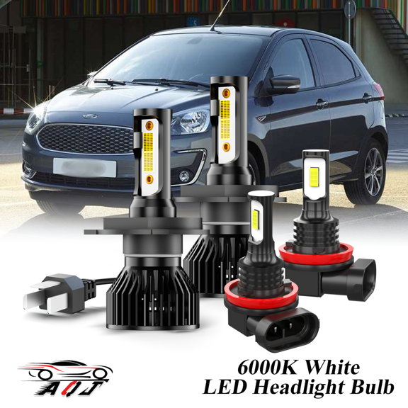 Juego Combinado de Bombillas LED Ford Figo 2016 2017 2018 2019 para Luz Alta/Baja + Antiniebla, Kit de 4 Unidades: 2x 9003/H4 para Faros Principales + 2x H11/H8/H16 para Faros Antiniebla