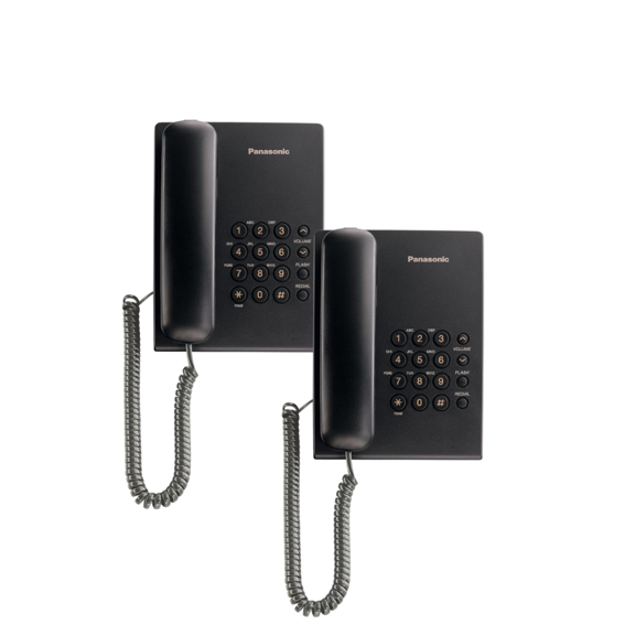 Combo 2 Piezas Teléfono Fijo Alámbrico Panasonic KX-TS500MEB Color Negro con Montaje en Pared y Control de Volumen para Casa u Oficina