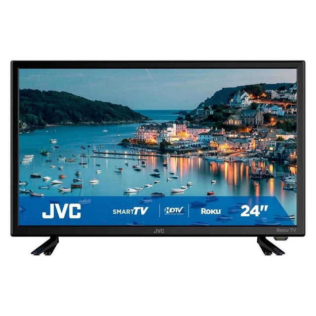 tv 24 pulgadas jvc si24r smart tv hd led roku tv televisor JVC negro 24" vista frontal centrada con base en V; pantalla LED HD mostrando paisaje costero, marco negro delgado y logotipo JVC en el bisel. Especificaciones: interfaz Roku, entradas USB y bocinas traseras con audio de alta calidad; ideal para habitaciones pequeñas o como monitor de escritorio.