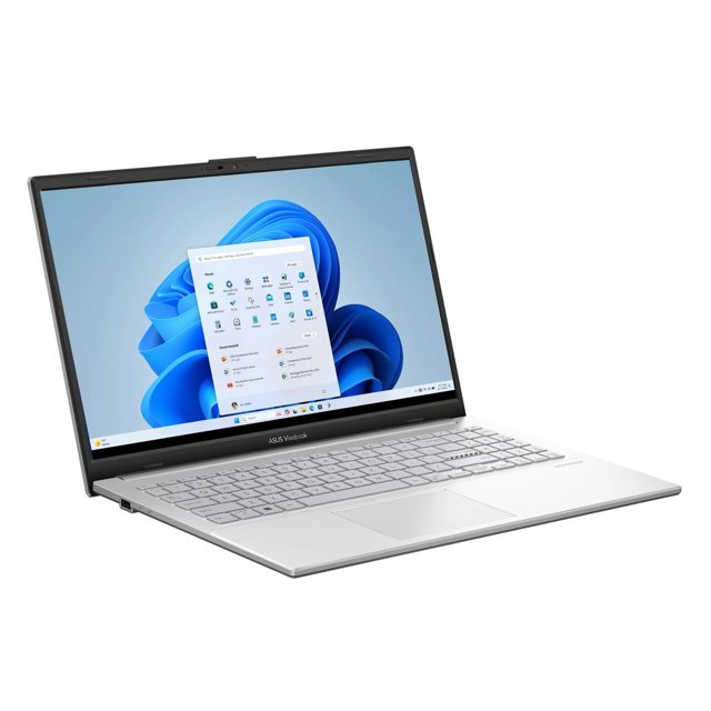 ordenador portátil asus vivobook go 15.6 pulgadas fhd intel i3 8 gb 256 gb Plata en vista 3/4 frontal abierta, pantalla FHD encendida, teclado completo color plata con teclado numérico, touchpad centrado y bisel delgado en acabado metálico. A menudo usado como equipo portátil básico para tareas diarias y estudio.