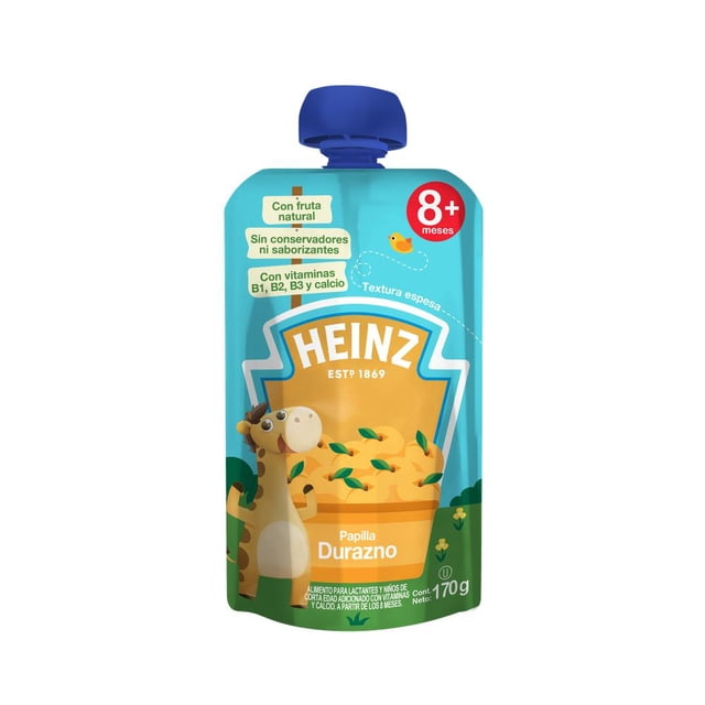 papilla heinz etapa 3 sabor durazno pouch 170 g pouch frontal con tapa de rosca azul, empaque turquesa y etiqueta naranja con logo HEINZ; ilustración de jirafa, indicador 8+ meses y textos visibles: con fruta natural, sin conservadores ni saborizantes, con vitaminas y calcio; textura espesa. También suele usarse como merienda portátil para salidas cortas.