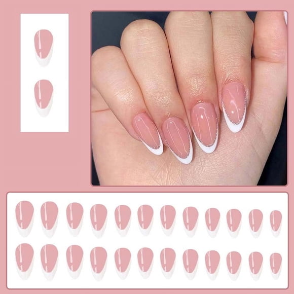 Uñas postizas, uñas postizas, regalos para mujeres, tamaño mediano, diseño minimalista, uñas francesas con brillo en polvo, uñas modernas, desmontables y usables, parche para uñas 24PSC