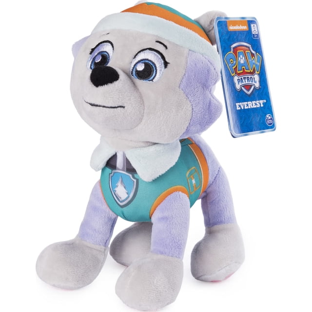 peluche paw patrol everest de 8 pulgadas de pie para niños mayores de 3 años peluche Everest gris de 8 pulgadas con detalles cosidos, casco y chaleco turquesa con emblema bordado, ojos grandes bordados y etiqueta oficial PAW Patrol visible, adecuado para coleccionar y el juego imaginativo.