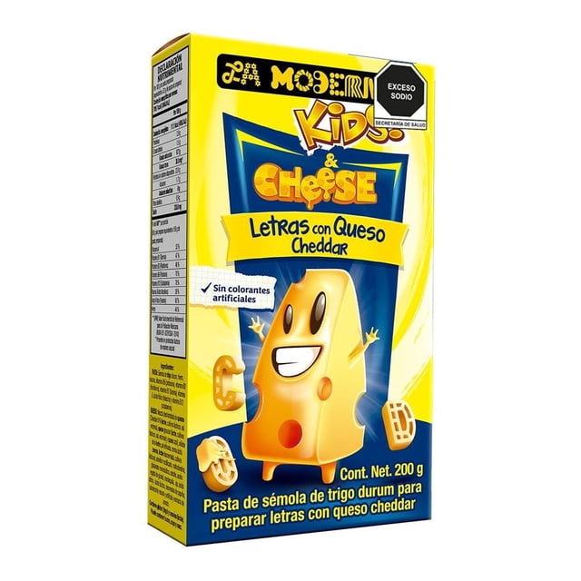 sopa de letras la moderna kids! con queso cheddar 200 g caja en vista 3/4; empaque amarillo y azul con personaje triangular de queso sonriente, textos 'Kids & Cheese' y 'Letras con Queso Cheddar', etiqueta 'Sin colorantes artificiales' y información nutricional en el lateral. Ideal para preparar sopa rápida o añadir a recetas infantiles.