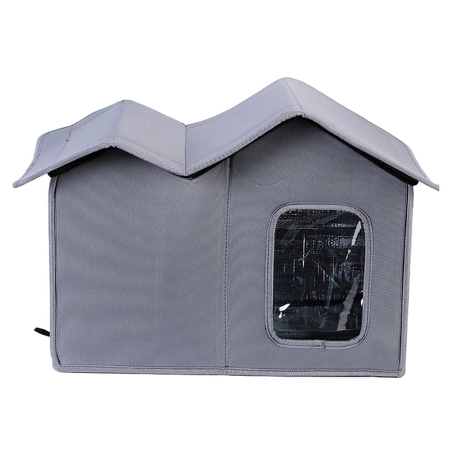 casa para perros yuyangstore oxford gris Refugio plegable exterior para mascotas de tela Oxford gris con techo desmontable tipo tejado, ventana de puerta transparente, interior con EVA y lámina de aluminio, tamaño 50 x 41 x 38 cm; a menudo usada como refugio temporal en porches o garajes.