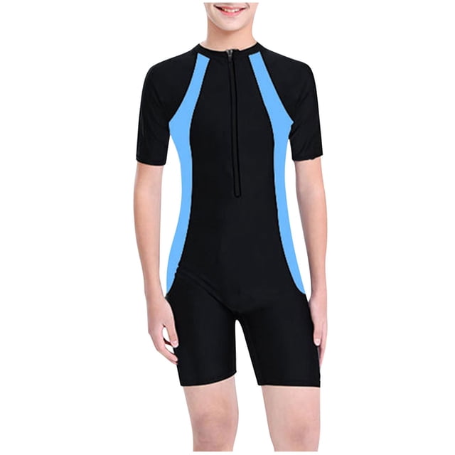 odeerbi 7-15 años traje de baño de entrenamiento atlético de una pieza para niñas traje de baño de surf para niñas ropa de playa bonita traje de poliéster azul claro con cremallera frontal, mangas cortas y paneles laterales contrastantes; vista frontal centrada que muestra corte tipo short y silueta deportiva. A menudo usado para natación y actividades acuáticas, también adecuado para viajes de vacaciones por su ajuste cubriente.