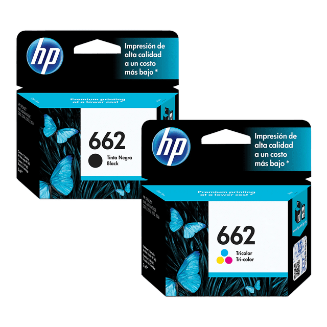 tinta hp 662 negra original + 662 tricolor original Paquete de dos cartuchos HP 662 (negro y tricolor) con cajas frontales negras y acentos turquesa, número 662 visible, iconos de color para el tricolor, logo HP en la parte superior y diseño de mariposas azules sobre fondo oscuro; compatible con HP Deskjet Ink Advantage 2515 y 2515 e-All-in-One para texto definido y colores vívidos.