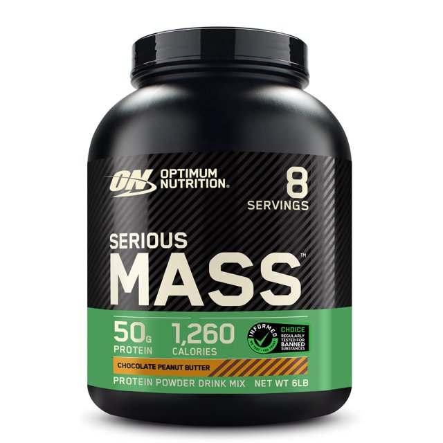 proteína en polvo para ganar peso optimum nutrition serious mass en frasco negro frontal con etiqueta verde y negra; sabor chocolate con mantequilla de maní, 1,260 calorías y 50 g de proteína por porción, incluye creatina y 25 vitaminas y minerales, presentación de 6 libras (empaque puede variar); a menudo se usa en licuadora para batidos densos en calorías.