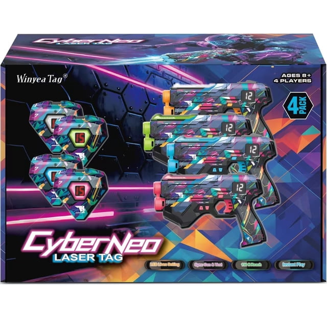 set de 4 pistolas de laser tag, juego de laser tag para niños, adolescentes y adultos — caja frontal que muestra cuatro blásters multicolor con empuñaduras en colores distintos, pantallas LED numéricas y cuatro chalecos triangulares cableados con indicadores visibles; diseño pensado para partidas en interiores o actividades al aire libre y adecuado para dinámicas de equipo.