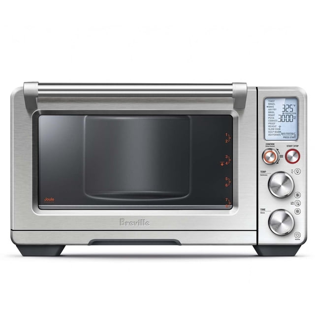 breville the joule® oven air fryer pro, smart countertop oven, small electric oven, air fryer toaster oven combo, bov950bss, brushed stainless steel Horno tostador Breville en acero inoxidable cepillado, vista frontal centrada con puerta de vidrio y asa tubular, panel de control derecho con pantalla digital y tres perillas giratorias visibles, logotipo Breville grabado en el faldón frontal; a menudo se usa también como freidora de aire compacta para porciones pequeñas.
