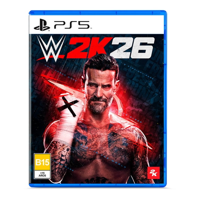 wwe 2k26 playstation 5 físico — Carátula frontal para PS5 con logo PS5 en la franja superior, título WWE 2K26 en rojo y blanco sobre fondo oscuro, una Superestrella tatuada en primer plano con vendaje en la mano y el sello de clasificación B15 en la esquina inferior izquierda; incluye Showcase de CM Punk y más de 400 Superestrellas para crear tu Universo WWE.