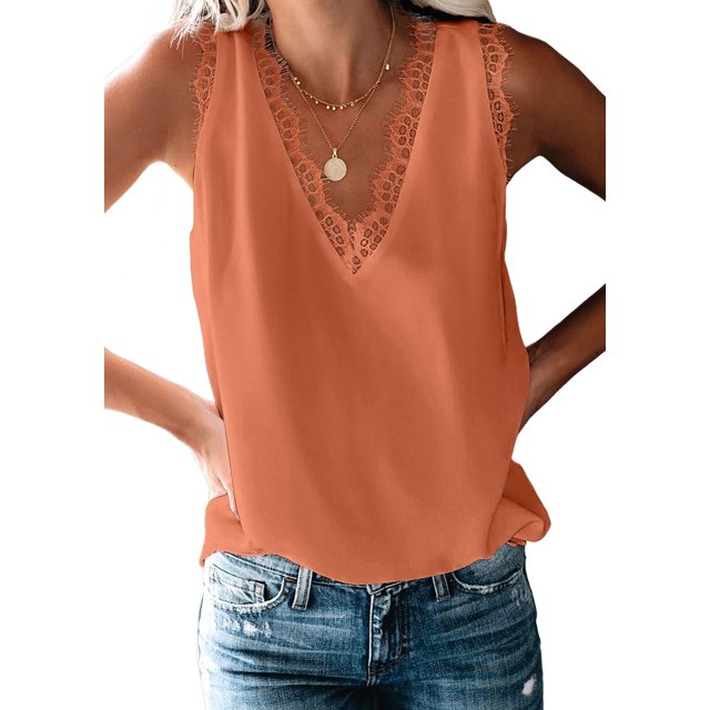 Camiseta de Tirantes Holgada Sin Mangas con Cuello en V y Encaje de Pestañas de Verano, Color Naranja, Talla S