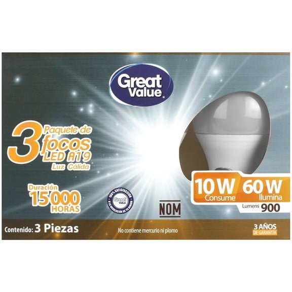 Paquete de Focos LED Great Value 10W Luz Cálida 3 Piezas