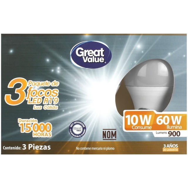 Paquete de Focos LED Great Value 10W Luz Cálida 3 Piezas