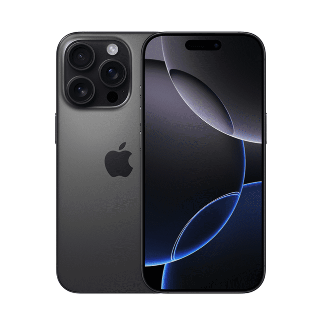 apple iphone 16 pro max 256gb negro reacondicionado vista centrada frontal y trasera; frontal encendida con pantalla OLED negra y fondo geométrico, trasera negro mate con módulo de triple cámara y logo Apple; producto reacondicionado según ficha, puede presentar rayas menores; smartphone desbloqueado a menudo usado para fotografía móvil y conectividad diaria.