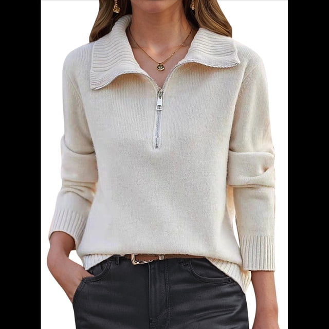 Suéter de Otoño para Mujer, de Larga, con Cremallera de 1/4, Sudadera Holgada de Punto Acanalado con Abertura. Crema M