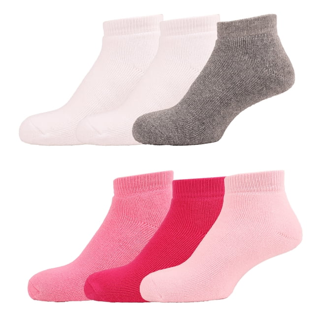 calcetines para niña sokkos afelpados gruesos hecho en méxico 6 pares pack de seis calcetines tobilleros en vista 3/4, silueta baja con puño elástico acanalado; felpa visible y tacto cálido, colores blanco, ripolles (gris claro), rosa medio, fiusha y rosa pastel; para abrigo y confort en temporadas frescas, tallas desde recién nacido hasta 4 años.