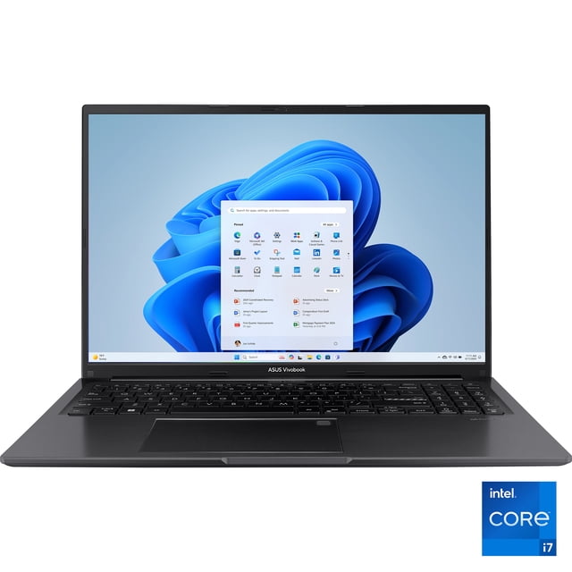 asus vivobook 16" wuxga laptop intel core i7-1355u 16gb ram 512gb ssd negro Portátil abierto, vista frontal de la ASUS Vivobook 16" en negro con pantalla NanoEdge 16:10 (1920 x 1200) mostrando el escritorio Windows, teclado completo con teclado numérico, touchpad centrado y cámara HD 720p con cubierta de privacidad; biseles delgados y logo ASUS en la base. Pensada para productividad, creación ligera y multimedia con gráficos Intel Iris Xe; también adecuada para edición multimedia portátil.