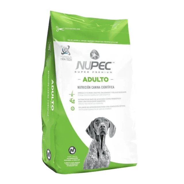 croquetas nupec adulto razas grandes 15 kg bolsa frontal verde y blanca con logo NUPEC y palabra 'ADULTO' en verde, texto en empaque que indica 'nutrición canina científica' y foto de un perro de raza grande en la parte inferior; también suele usarse como recompensa seca para entrenamiento de mascotas.