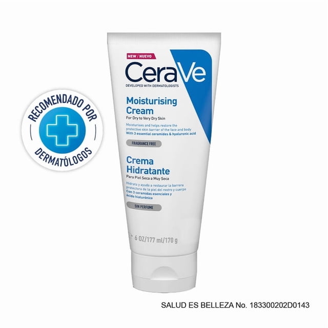 crema cerave hidratante 177ml tubo blanco frontal con etiqueta azul que indica 'Crema Hidratante' y 'Moisturising Cream'; vista centrada, 170 g/177 ml, para rostro, cuerpo y manos, sin perfume, apta para piel seca a muy seca y recomendada por dermatólogos; también suele usarse para humectar áreas secas localizadas.