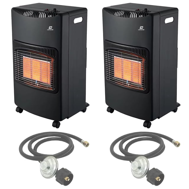 calentador portátil a gas econowarm 2 pzas 14330btus 4200w gas lp control manual infrarrojo sin tanque manguera 0.5m. Dos unidades negras plegables EconoWarm en vista frontal con rejilla y panel infrarrojo encendido, ruedas en la base y manija lateral; delante se muestran dos mangueras de gas LP de 0.5 m con regulador y conector. A menudo usado para calefacción portátil en exteriores o espacios bien ventilados.