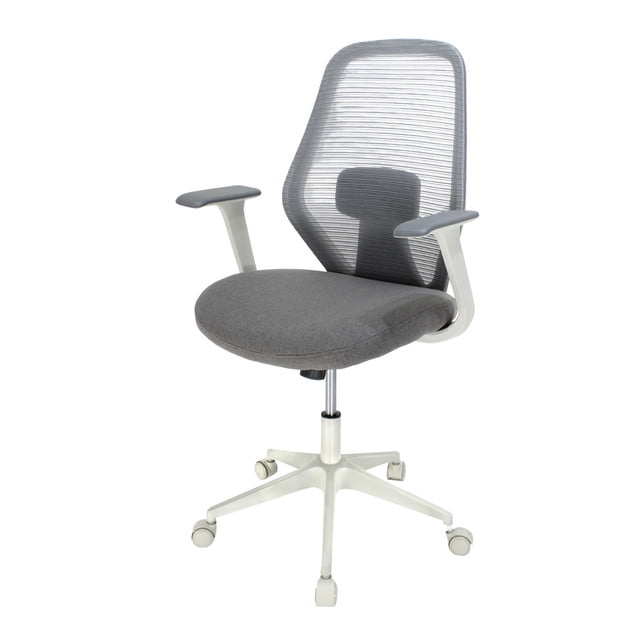 silla ejecutiva bastia 8349w gris silla de oficina ergonómica con respaldo de malla gris y soporte lumbar ajustable, asiento tapizado en tela gris, brazos con reposabrazos acolchados, mecanismo inclinable con bloqueo tipo Butterfly y base de nylon gris de cinco puntas con ruedas de 50 mm; adecuada para estaciones de trabajo y home office.