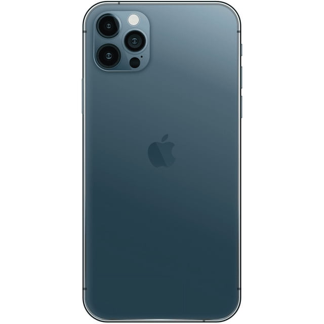 apple iphone 12 pro max 128gb azul pacífico lte celular (Reacondicionado) vista trasera centrada con módulo cuádruple de cámaras y sensor LiDAR en esquina superior izquierda, acabado de cristal mate y marco de acero inoxidable pulido, logotipo Apple centrado; microrayones muy leves según la descripción, compatible con Verizon y operadores GSM, pantalla Super Retina XDR de 6.7 pulgadas. A menudo se usa también como teléfono de respaldo para fotografía móvil.