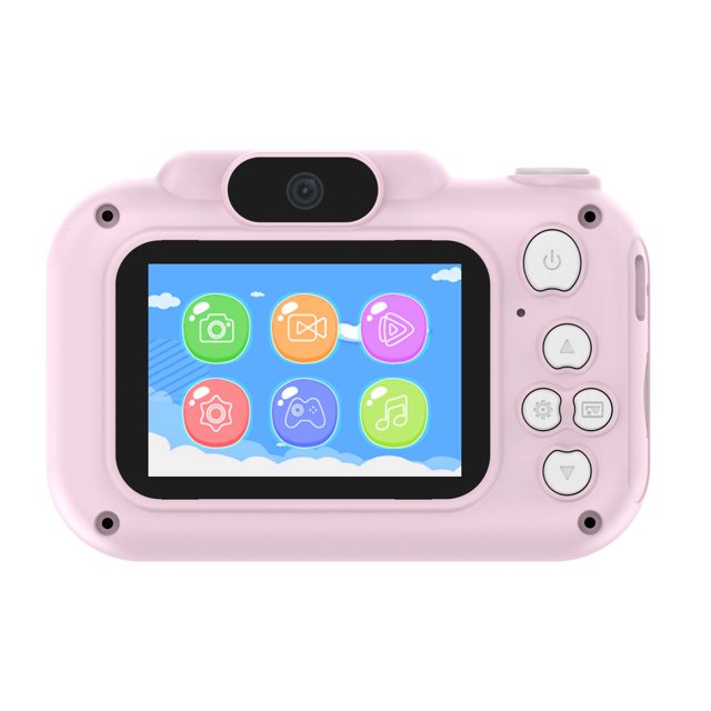 cámara de juguete xihbxyly dia del primer ministro mini slr 4,8 mp alta definición niños 3 a 6 años rosa #2, vista trasera centrada con pantalla LCD a color que muestra iconos de foto, video y juegos; carcasa de plástico rosa, lente superior y cinco botones a la derecha (encendido, flechas, modo). Adecuada para juego y aprendizaje de fotografía; también suele usarse como cámara de viaje para niños pequeños.