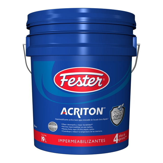 impermeabilizante acrílico base agua renovable de secado extra rápido fester acriton proshield 4 años 19 l blanco cubeta frontal centrada de 19 L azul con asa, logo Fester y texto ACRITON en etiqueta; emblema ProShield y banda roja inferior que indica 'Impermeabilizantes' y '4 años'.