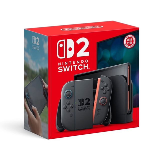 consola nintendo switch 2 256 gb negro edición global empaque frontal y consola en primer plano con Joy-Con 2 negros acoplados; pantalla de 7.9" fuera del dock en modo sobremesa, logo Nintendo Switch 2 visible en el cuerpo, diseño de caja roja y presentación pensada para videojuegos en compañía.