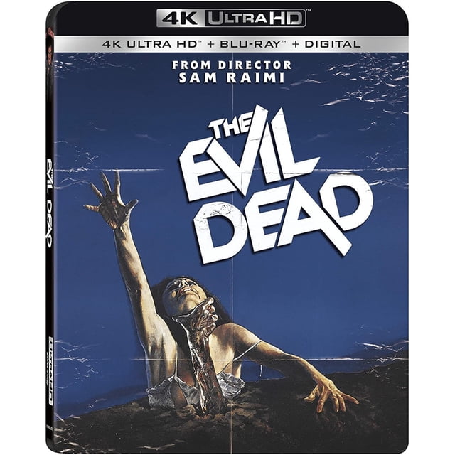 the evil dead 1981 pelicula 4k ultra hd + blu-ray edición importada Lionsgate Home Entertainment. Carátula frontal steelbook con título blanco grande sobre fondo azul; mujer emergiendo de tierra fangosa con brazo extendido y apariencia desgarrada; banda superior "4K ULTRA HD + BLU-RAY + DIGITAL" y texto "From Director Sam Raimi"; incluye 2 discos, audio en inglés y subtítulos en español e inglés, duración aprox. 86 minutos.
