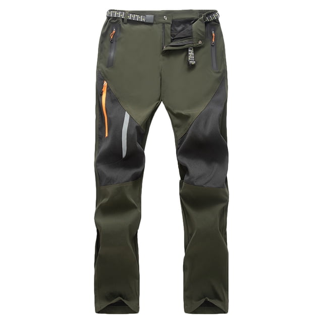 ceisia gift men's winter casual pants - faddish solid patchwork sports zipper pockets trousers winter, pantalón largo para hombre en army green, poliéster cálido con paneles patchwork negros, bolsillos con cierre verticales frontales y bolsillo lateral con cierre naranja, cintura ajustable con trabilla estampada, rodillas articuladas y abertura en el tobillo, fondo blanco.