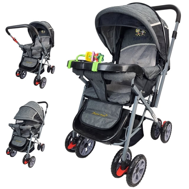 carriola reversible the baby shop h-b con toldo plegable 3 posiciones gris, 3/4 frontal que muestra asiento reversible y toldo de tres posiciones con ventana de malla; estructura metálica gris, asiento acolchado, charola frontal desmontable con juguetero, arnés de 2 puntos, reclina totalmente en 3 posiciones, descansapiés ajustable, canastilla amplia y freno en llantas traseras. A menudo usada para paseos y viajes cortos con bebé.