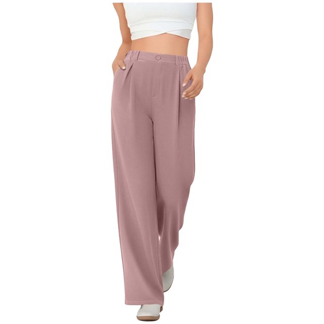 Amzcrzy Pantalones Vestir Mujer Color Liso S-2XL - Cintura Alta Elástica, Pliegues Frontales, Sin Cremallera, Bolsillos, Para Trabajo Rosa