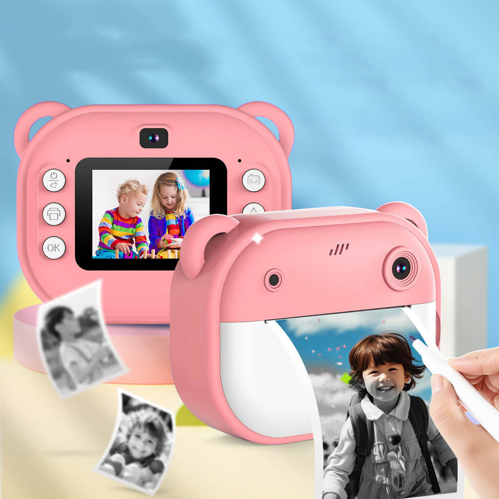 Cámara instantánea para niños HD 1080P con dos cámaras frontales y traseras, cámara de impresión térmica que puede tomar fotos y videos con 2 rollos de papel de impresión de plástico, cámaras de impre