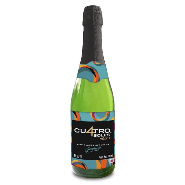 vino espumoso cuatro soles blanco afrutado 700 ml botella frontal, vidrio verde con etiqueta negra y motivos circulares en tonos turquesa y naranja, cuello con envoltura negra, marca Cu4tro Soles, contenido 700 ml, origen Aguascalientes, México; a menudo usado en celebraciones.
