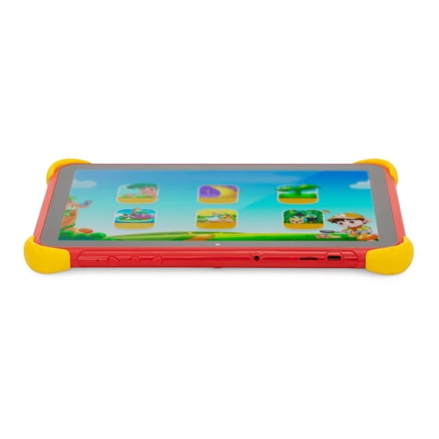 tablet tech pad kids pro 10 pulgadas 64 gb 4 gb ram tablet para niños rojo con funda protectora amarilla, vista frontal en ángulo bajo que muestra la pantalla IPS HD de 10.1" con interfaz de apps infantiles; borde lateral con puerto USB-C, entrada de audífonos y botones de volumen. También adecuada para reproducir videos educativos durante viajes.