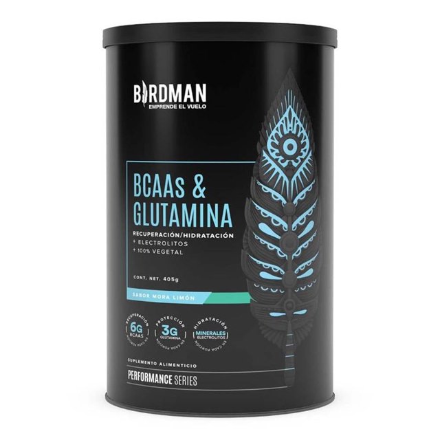 suplemento alimenticio bridman bcaas & glutamina sabor mora limón 405 g — envase cilíndrico negro frontal con etiqueta azul y turquesa que muestra texto 'BCAAs & Glutamina', ilustración de pluma a la derecha y sellos que indican 6 g BCAAs y 3 g glutamina; presentación dirigida a farmacia y bienestar en México.